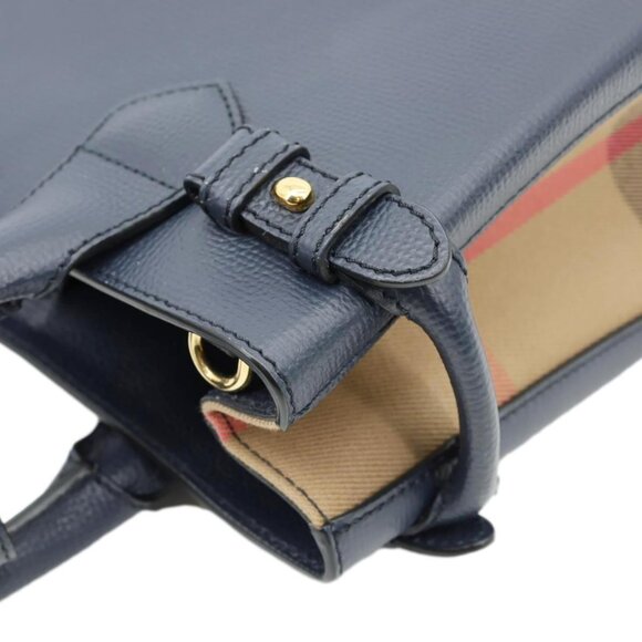 Burberry  Banner Small House Check Leather Tote Bag Navy Blue - Picture 5 of 12